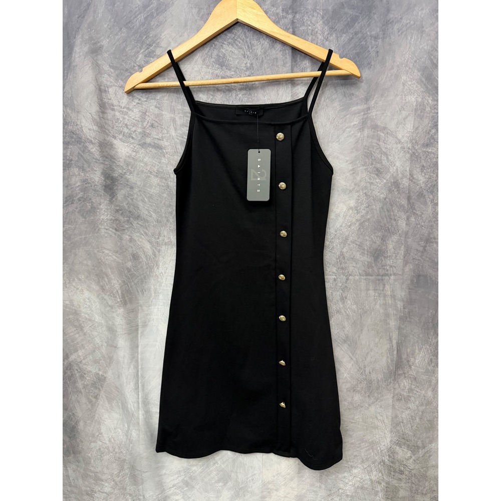Saints 21 Black Mini Dress Gold Button Detail Spaghetti Strap Square Neck DM107